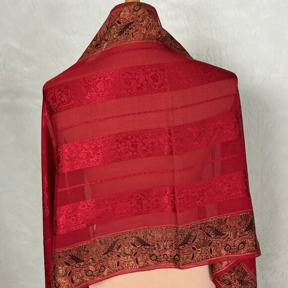 Lauren Ralph Lauren 100% Silk Red & Gold Floral Leaf Scarf Wrap - Picture 3 of 7